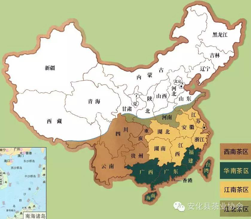 中国四大茶叶产区的分布图